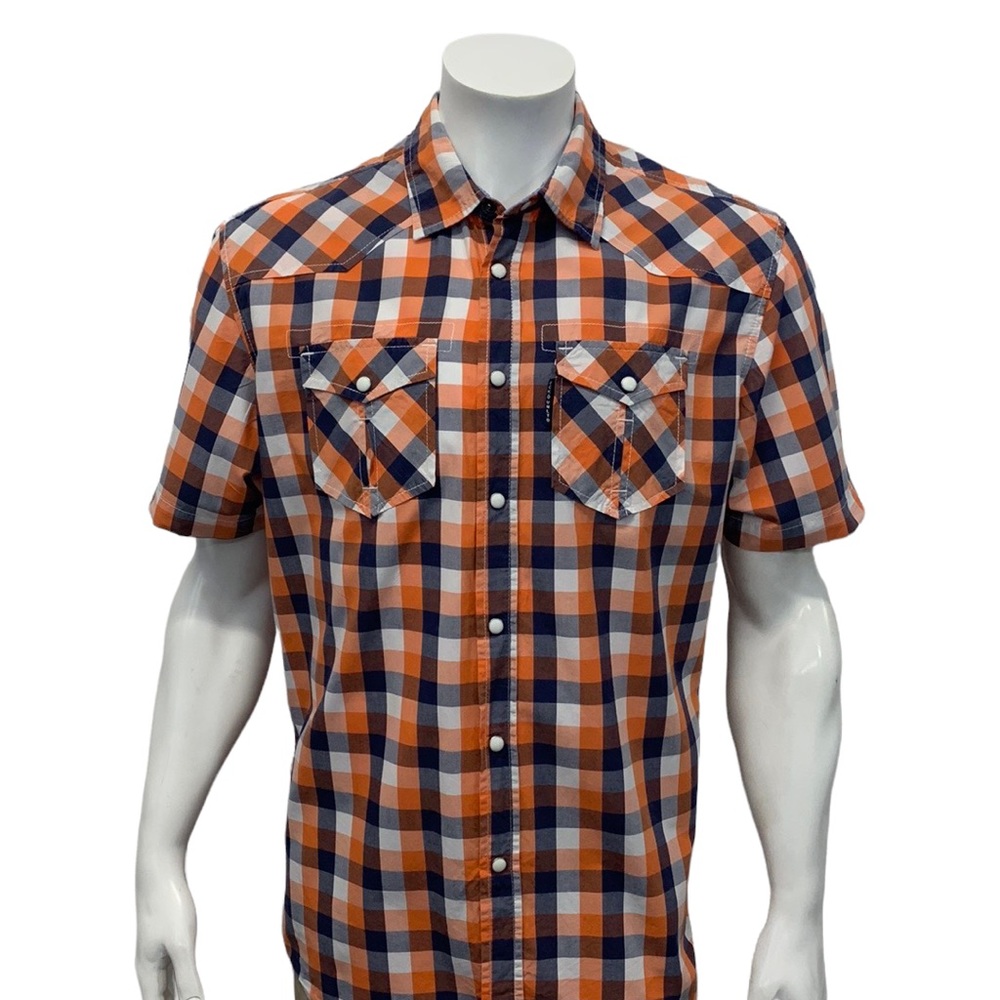 Ecko Unltd Authentic Division East All City Orange Blue White Pearl Snaps Shirt